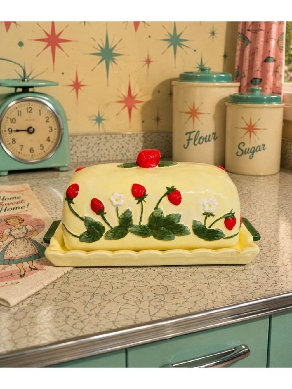 New Ceramic Yellow Retro Strawberry Cottage Flowers Kitchen Butter Dish